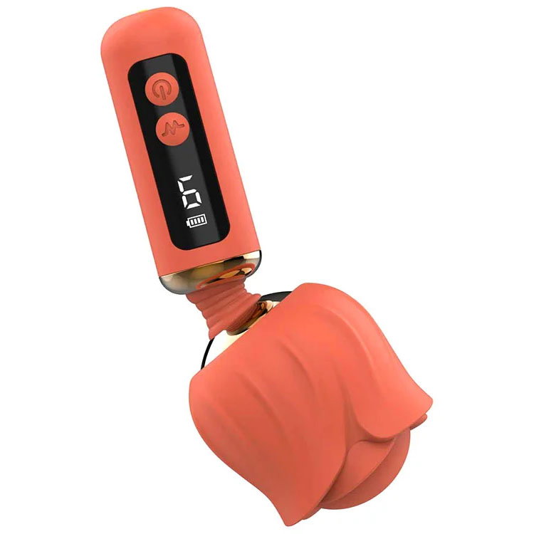 Adam & Eve Rizzy Rose Mini Wand in coral, a rose-shaped vibrator with flexible neck and digital display